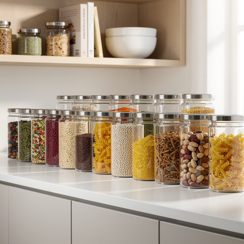 Bocaux et cuisine bien organisée pour le rangement alimentaire